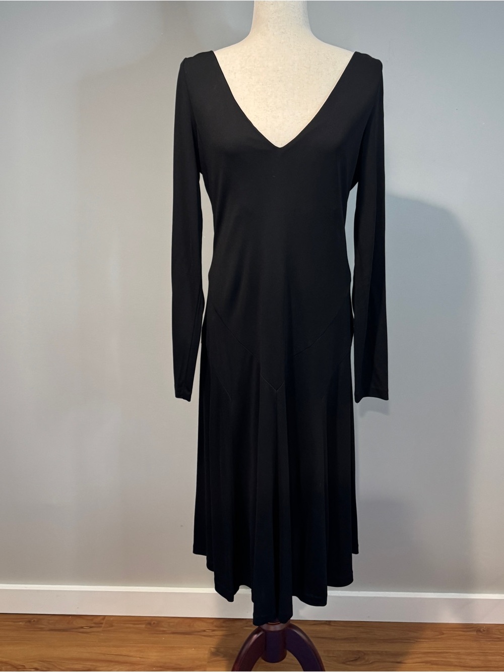 Lauren Ralph Lauren Black V Neck Fit & Flare Midi Dress Long Sleeve Minimalist L